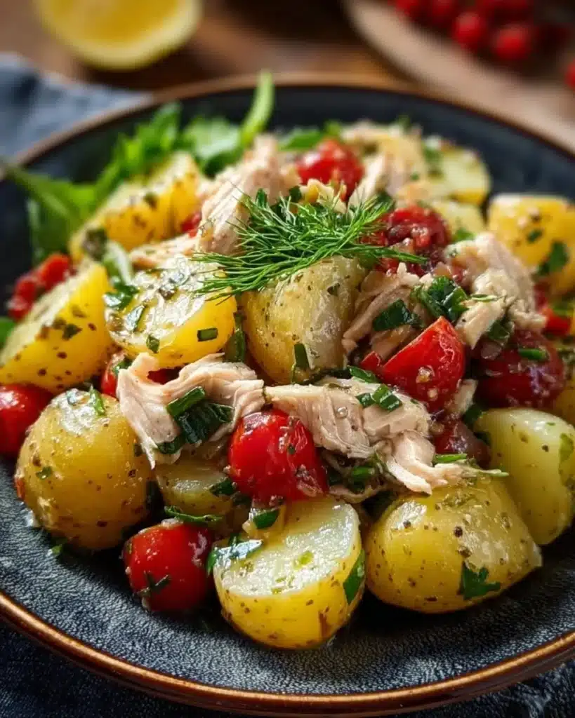 Warm potato salad with turkey and Dijon vinaigrette in a serving bowl