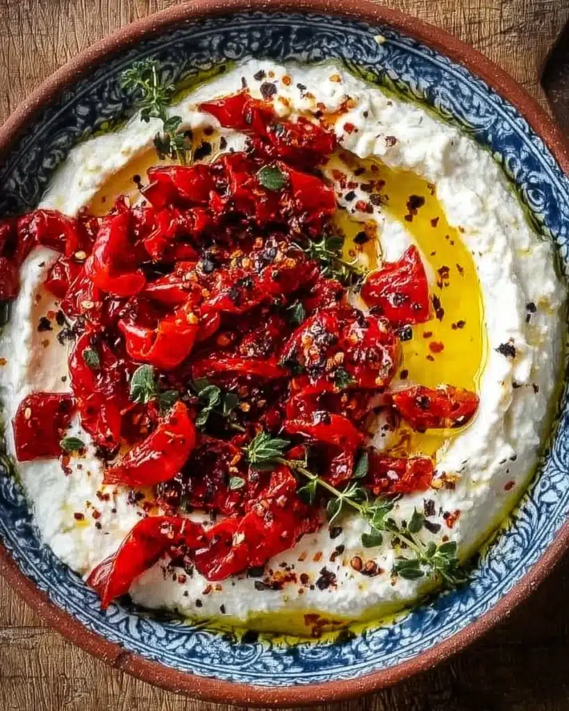 Creamy whipped feta dip topped with roasted peppers in a bowl