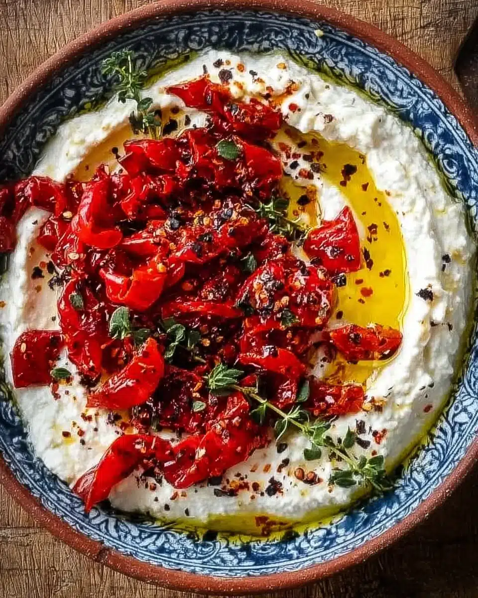 Creamy whipped feta dip topped with roasted peppers in a bowl