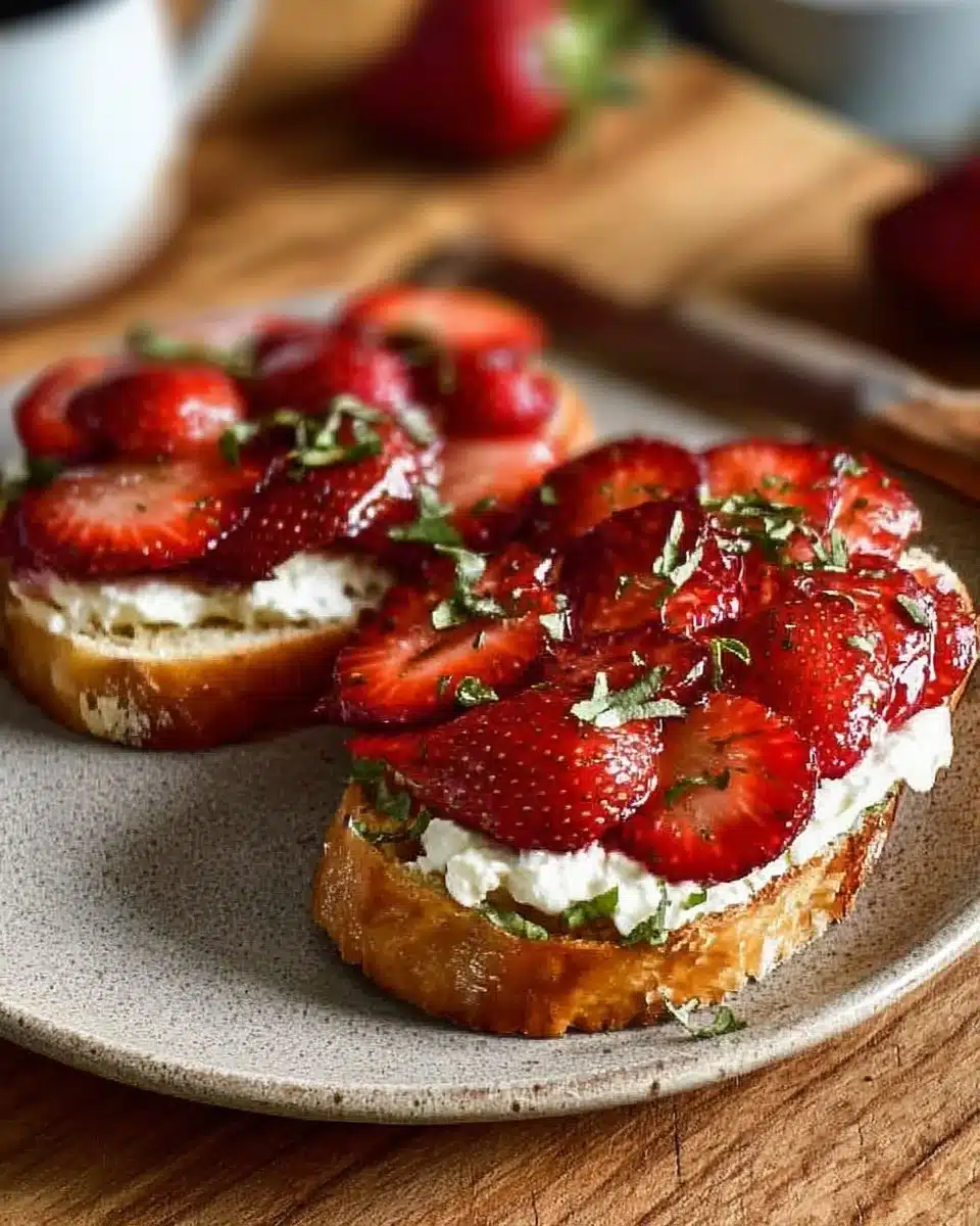 Whipped ricotta toast topped with roasted strawberries on a wooden board.