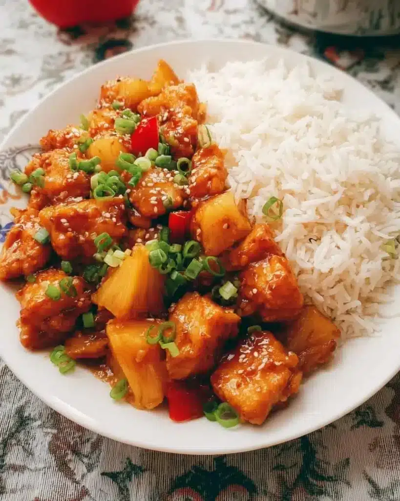 Asian style pineapple chicken dish with colorful vegetables and garnishes