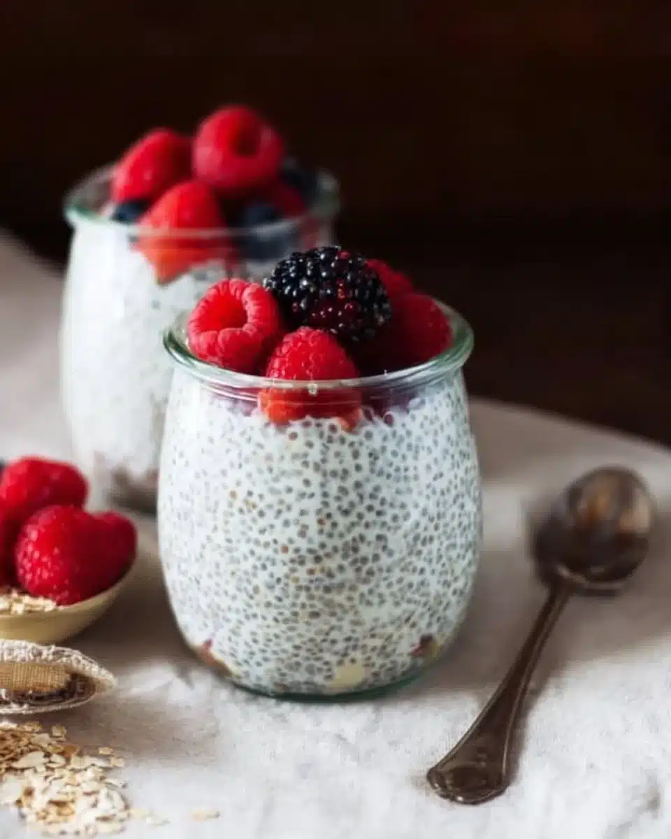 Creamy chia pudding topped with fresh berries and nuts in a glass bowl.