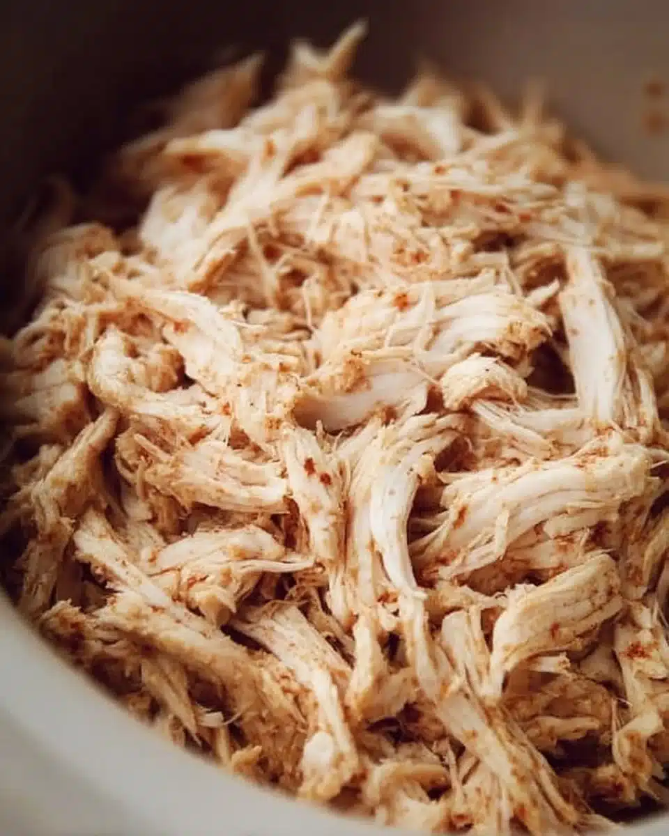 Delicious crockpot shredded chicken in a bowl with herbs and spices