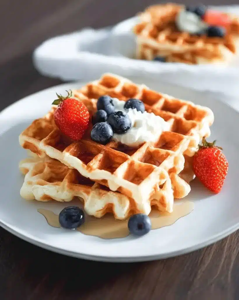 Fluffy sourdough waffles stacked on a plate with syrup and berries