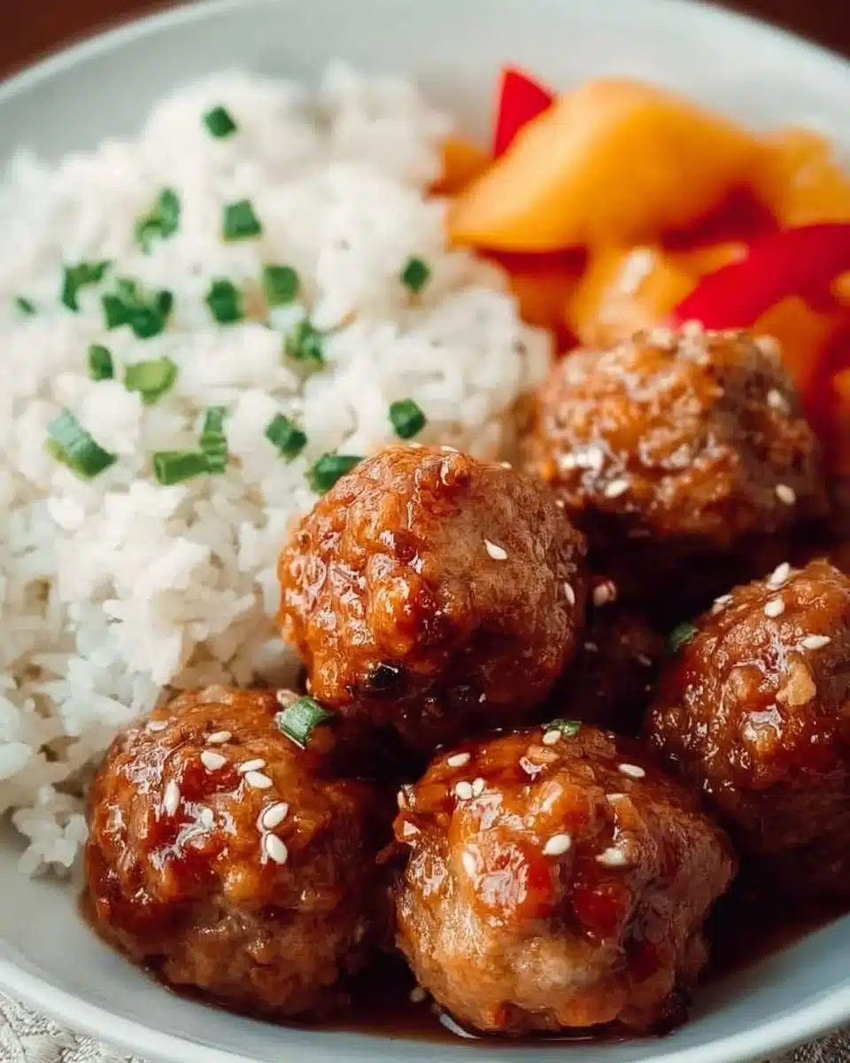 Delicious Hawaiian Meatballs served with tropical sauce and garnished with pineapple.