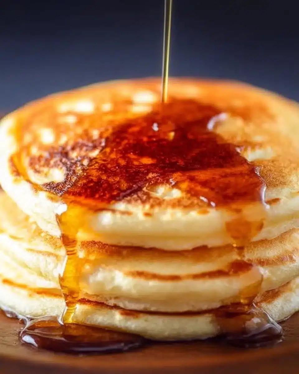 Fluffy homemade pancakes served with syrup and berries on a plate