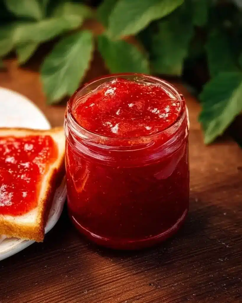 Homemade no pectin strawberry rhubarb jam in a jar with fresh strawberries and rhubarb.