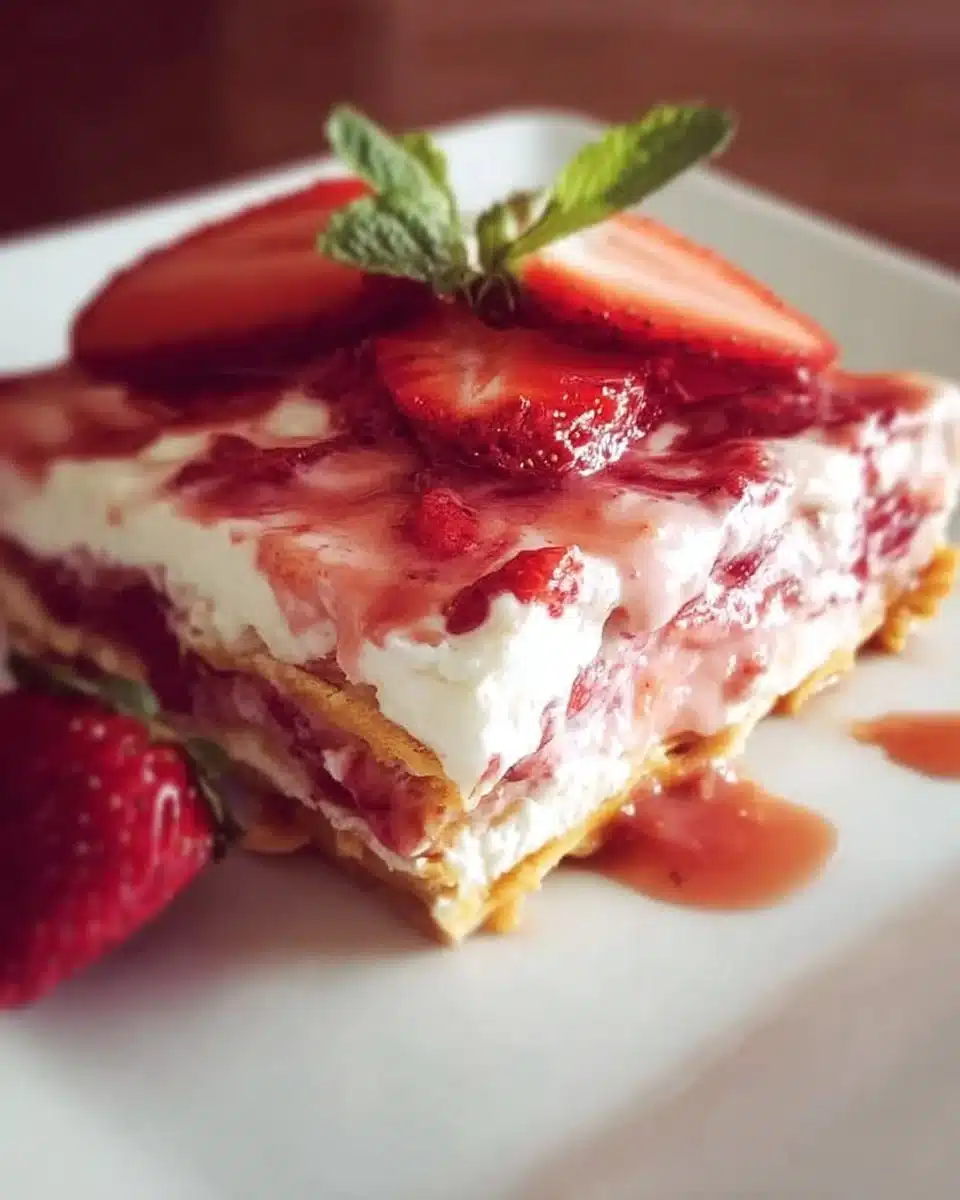 Delicious strawberry lasagna dessert with layers of strawberries and cream